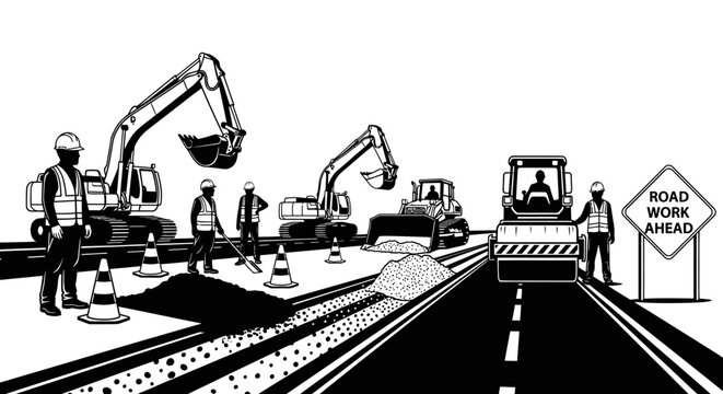 Road construction scene with heavy machinery and workers vector illustration