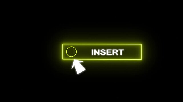 Glowing neon red color white text cursor animation pointing towards insert button in looping with transparent background