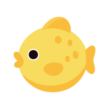 Cartoon style yellow fish with round body swims with puckered lips on white background