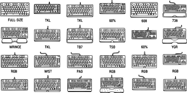 Technology: Black and White Line Art illustration of different keyboard layouts and sizes.