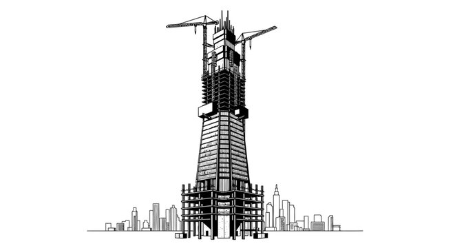 Tower construction illustration shows modern building under development on white