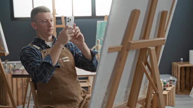 Man in apron holds smartphone and studies a reference photo while seated beside a canvas and wooden easel in artist studio; concentration.