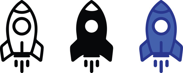 Set of three rocket ship icons in outline solid and colored styles © VIcon Hub