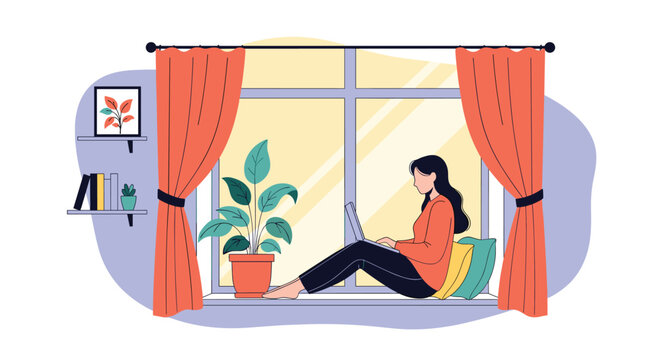 Young woman sitting comfortably on a windowsill and working on her laptop in a cozy room with curtains and plants.