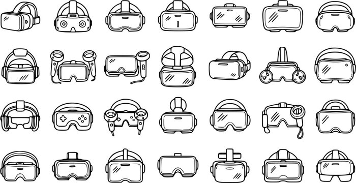 Black and White Line Art Icons of Various VR Headsets and Controllers, Technology Gadget Collection