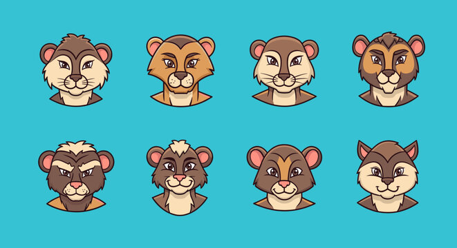 Eight cartoon animal faces with various expressions on a blue background, featuring different small mammal characters.