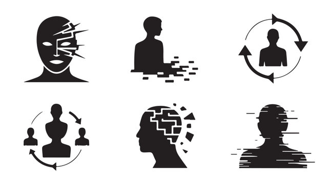 Black silhouettes of people with glitch effects on white background for technology concepts