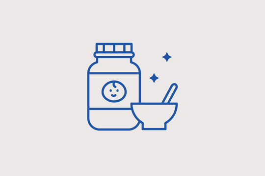 Baby food jar and bowl line icon for complementary feeding and toddler nutrition. Practical vector illustration for weaning guides and organic baby food branding.