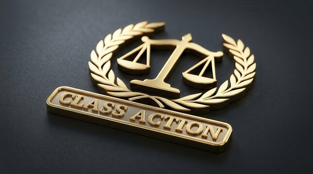 A premium gold emblem featuring scales of justice and Class Action lettering.