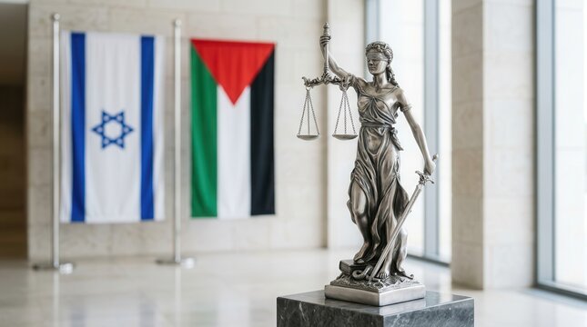Diplomacy and international law concept featuring Lady Justice with Israel and Palestine flags.