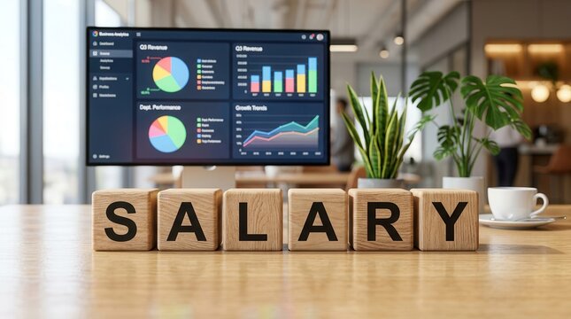 Compensation planning and wage benchmarking concept featuring salary letter blocks and finance reporting screen.