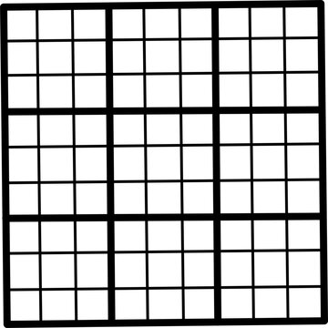 Minimal black and white Sudoku grid template with bold lines and empty cells. Clean puzzle board illustration isolated for game, logic, brain teaser design.
