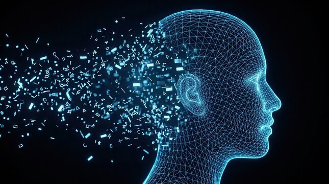 A glowing blue wireframe human head representing artificial intelligence and digital transformation.