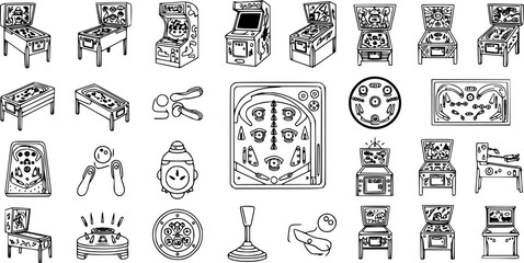 Black and White Line Art Collection of Vintage Arcade and Pinball Machines, Objects © pixsource