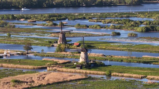 Aerial view of dutch windmills at kinderdijk