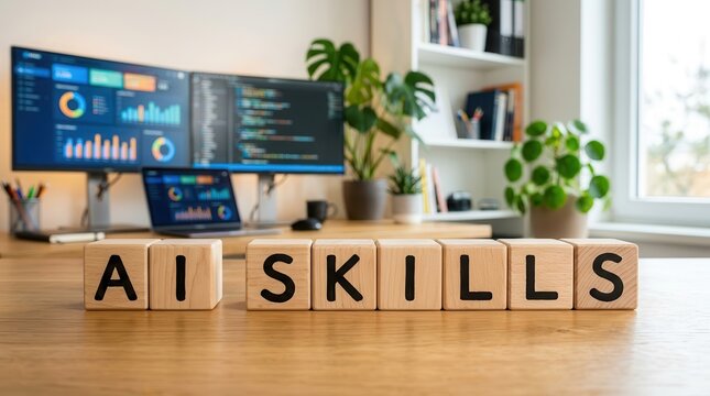 A framework for practical AI skills in everyday office roles featuring wooden letter blocks.