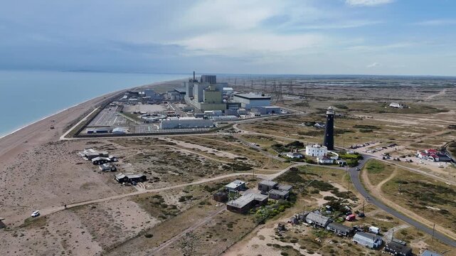 Decommissioned Nuclear Power Station Dungeness Kent drone aerial reverse