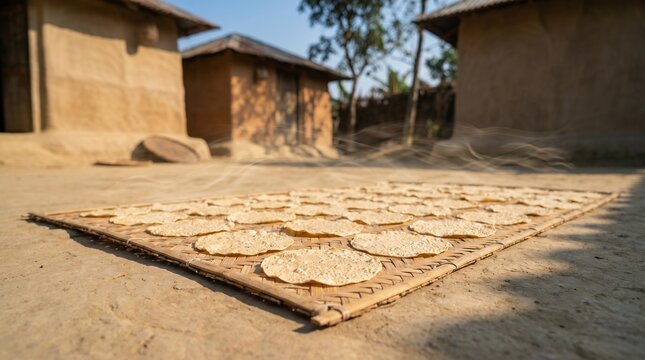 Traditional Sun-Dried Dal Papad on Bamboo Mat in Rural Village Courtyard | Authentic Homemade Lentil Crackers (Papandum) Preparation in Bangladesh.