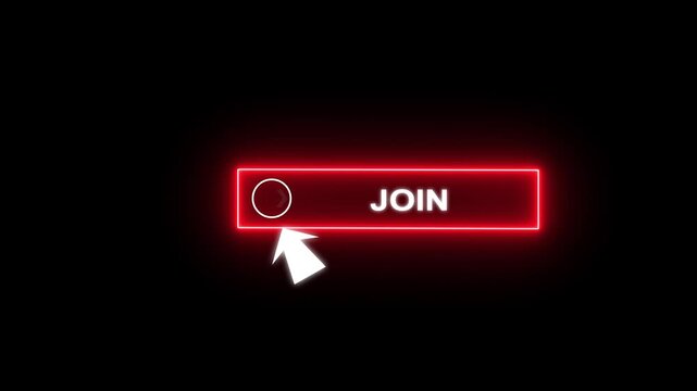 Glowing neon red color white text cursor animation pointing towards join button in looping with transparent background.