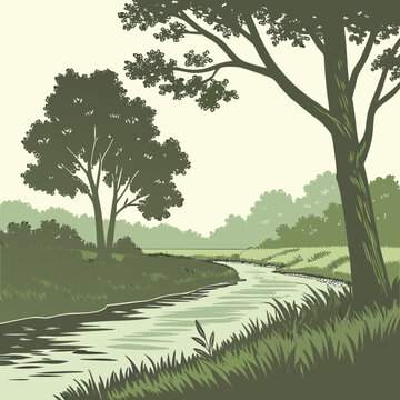 River flowing through lush green forest with trees landscape outdoors environment tranquil peaceful vegetation wildlife conservation illustration folklore pastoral countryside woodland