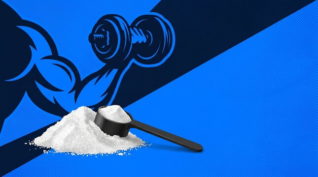 A blue banner featuring creatine monohydrate powder and a muscular arm graphic for a sports supplementation website.