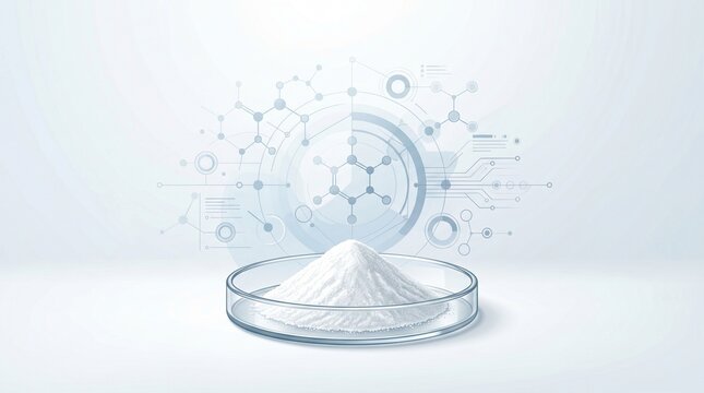 A laboratory display of creatine monohydrate powder against a molecular concept background for supplement research.