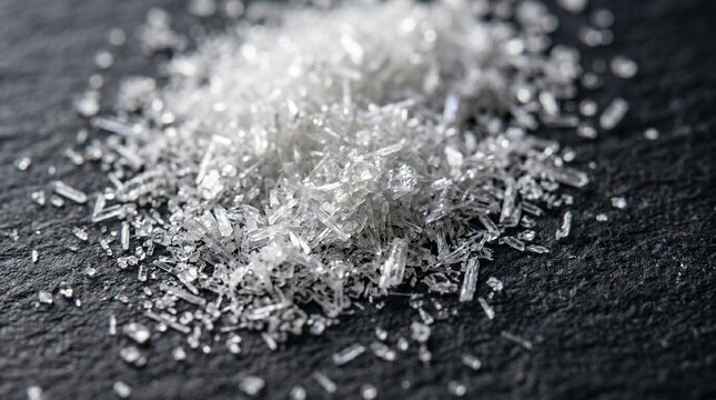 A macro texture shot of creatine monohydrate powder crystals on dark slate for luxury supplement campaigns.