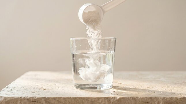 A morning ritual showing creatine monohydrate powder pouring into a glass of water for healthy hydration blogs.