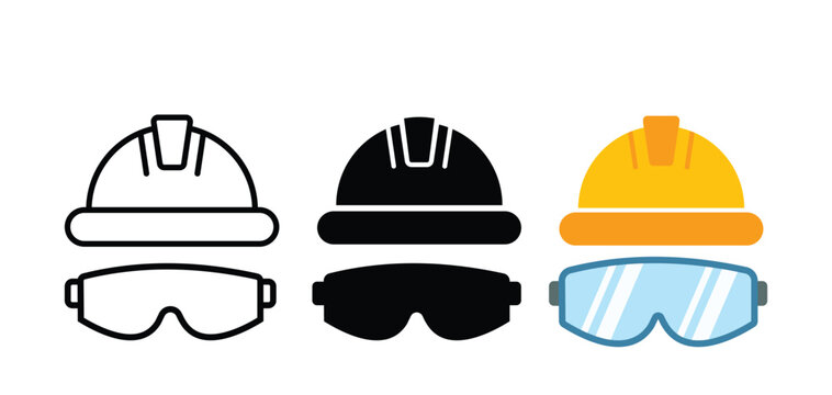 construction helmet and Safety glasses icons. Personal protective equipment symbol. Engineer hat with protection glasses. Hard hat with goggles
