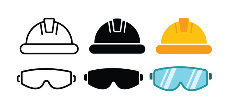 construction helmet and Safety glasses icons. Personal protective equipment symbol. Engineer hat with protection glasses. Hard hat with goggles
