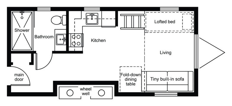 Tiny house floor plan mobile home living kitchen bathroom lofted bed and sofa.