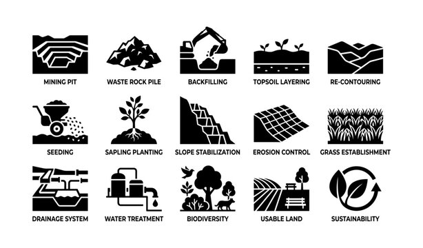 Mining and reclamation icons showing restoration on white background