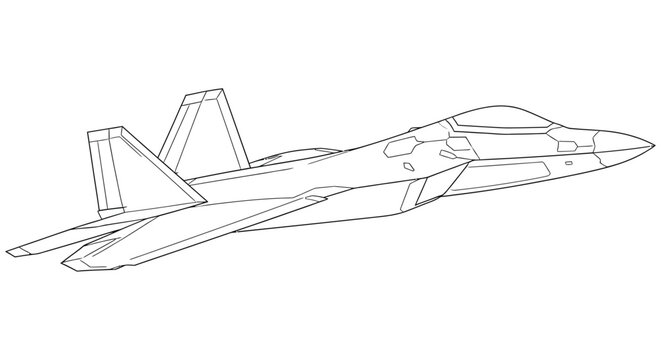 Line drawing of a modern fighter jet likely a f 22 raptor in profile view