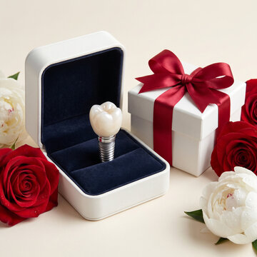 Conceito de promo&ccedil;&atilde;o para cl&iacute;nica odontol&oacute;gica: implante dent&aacute;rio apresentado como uma joia preciosa em uma caixa de presente com rosas vermelhas e la&ccedil;o, ideal para campanhas de desconto.