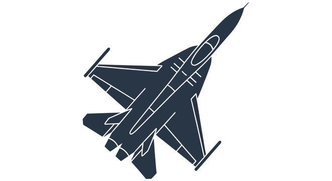 Stylized blue vector icon of a fighter jet in a dynamic ascending pose