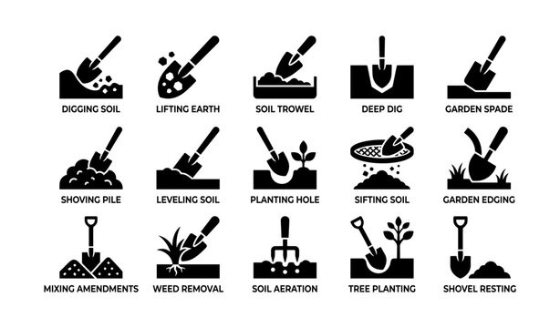 Gardening shovel and soil action icons arranged on white background