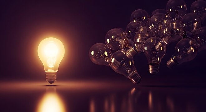 One bright glowing light bulb standing out from many dark glass bulbs on a dark table representing a great new business idea