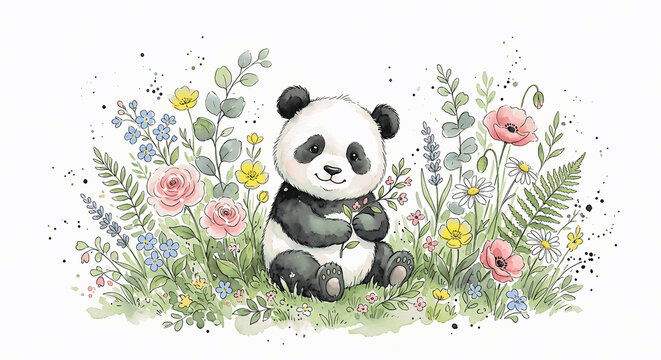 Watercolor panda bear in wildflower garden, cute baby panda illustration with spring flowers, soft pastel floral nursery art on white background