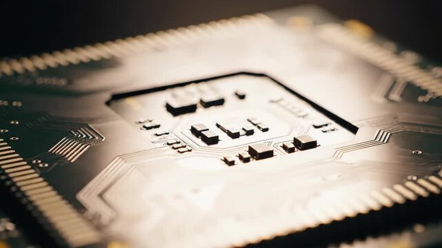Macro video of a high-tech microprocessor and electronic components on a circuit board with shallow depth of field.