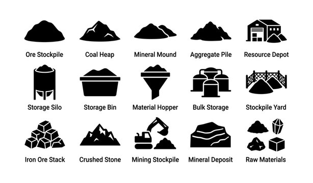 Mining and bulk storage icons arranged in grid on white background