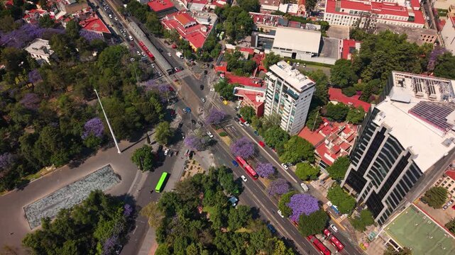 High angle aerial of Y intersection in urban CDMX under sunlight