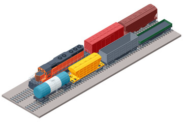 Large isometric freight train with an orange locomotive and various wagons. This complex scene illustrates rail network operations, heavy logistics, and industrial transport systems. © Golden Sikorka