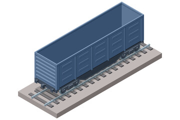 Dark blue isometric gondola wagon on a railway track. This open freight car is designed for bulk material transport, coal delivery, and heavy industrial logistics in a clean. © Golden Sikorka