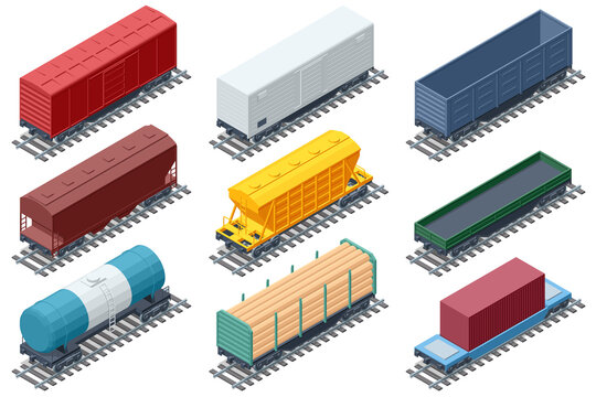 Isometric set of railway freight wagons. Tanker, hopper, boxcar for diverse industrial logistics commercial transport. Railway train wagon, locomotive transport, cargo transportation railroad carriage