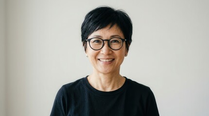 Fototapeta premium Confident middle aged Asian woman smiling, representing positive mental health and well-being.