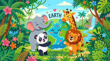 Fototapeta premium Vibrant illustration of diverse wild animals embracing the Earth in a lush jungle setting, promoting environmental awareness and conservation