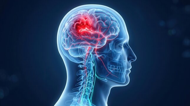Medical illustration of a brain stroke highlighting the affected area and neural connection pathways.