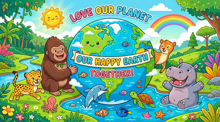 Naklejka premium Our Happy Earth Together A Vibrant Illustration Celebrating Nature, Wildlife, and Environmental Protection