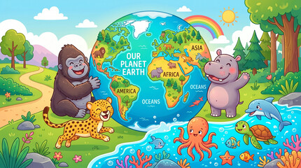 Naklejka premium Diverse Wild Animals Joyfully Embrace Our Vibrant Planet Earth, Highlighting Global Nature Conservation and Environmental Harmony in a Charming Cartoon Illustration