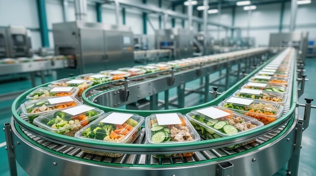 Mass production and distribution of prepackaged meals using an automated conveyor belt system.